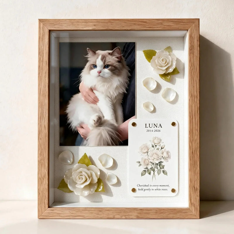 Personalized white rose pet memorial shadow box with a cat photograph in a natural wood frame