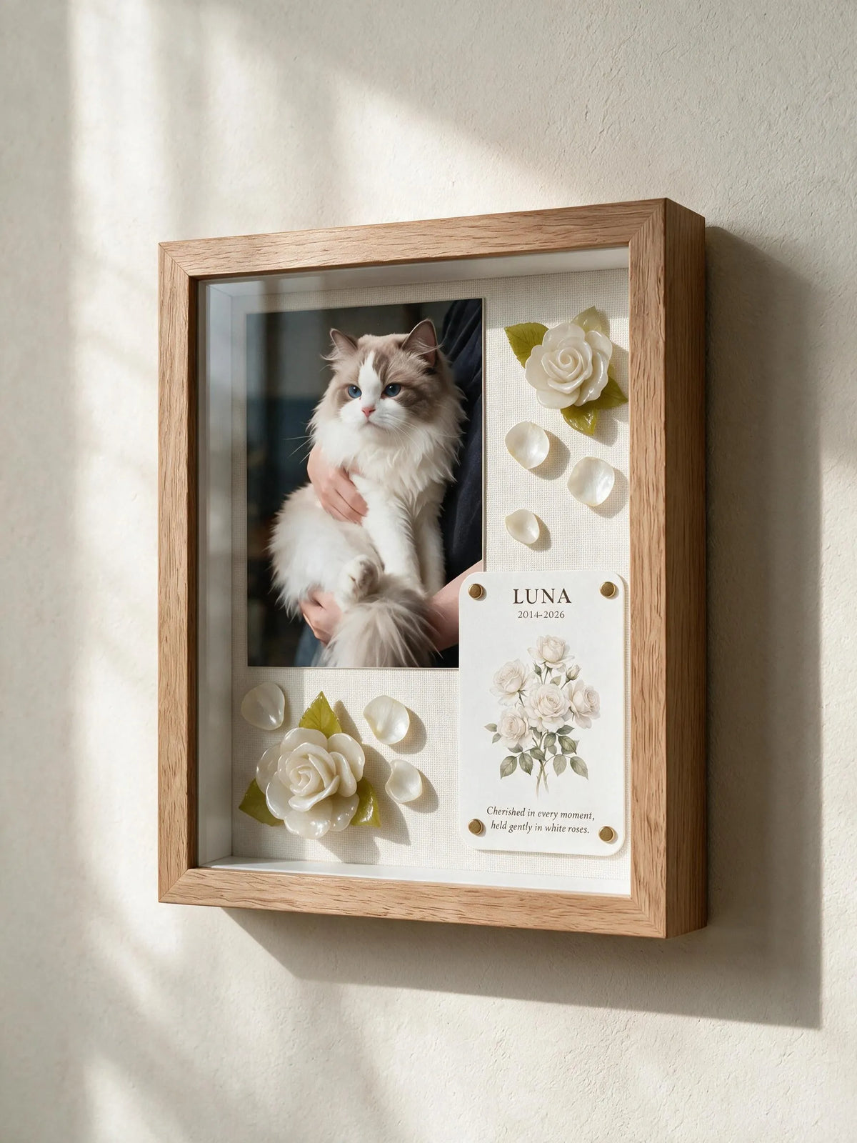Personalized white rose pet memorial shadow box prepared as a pet lover gift