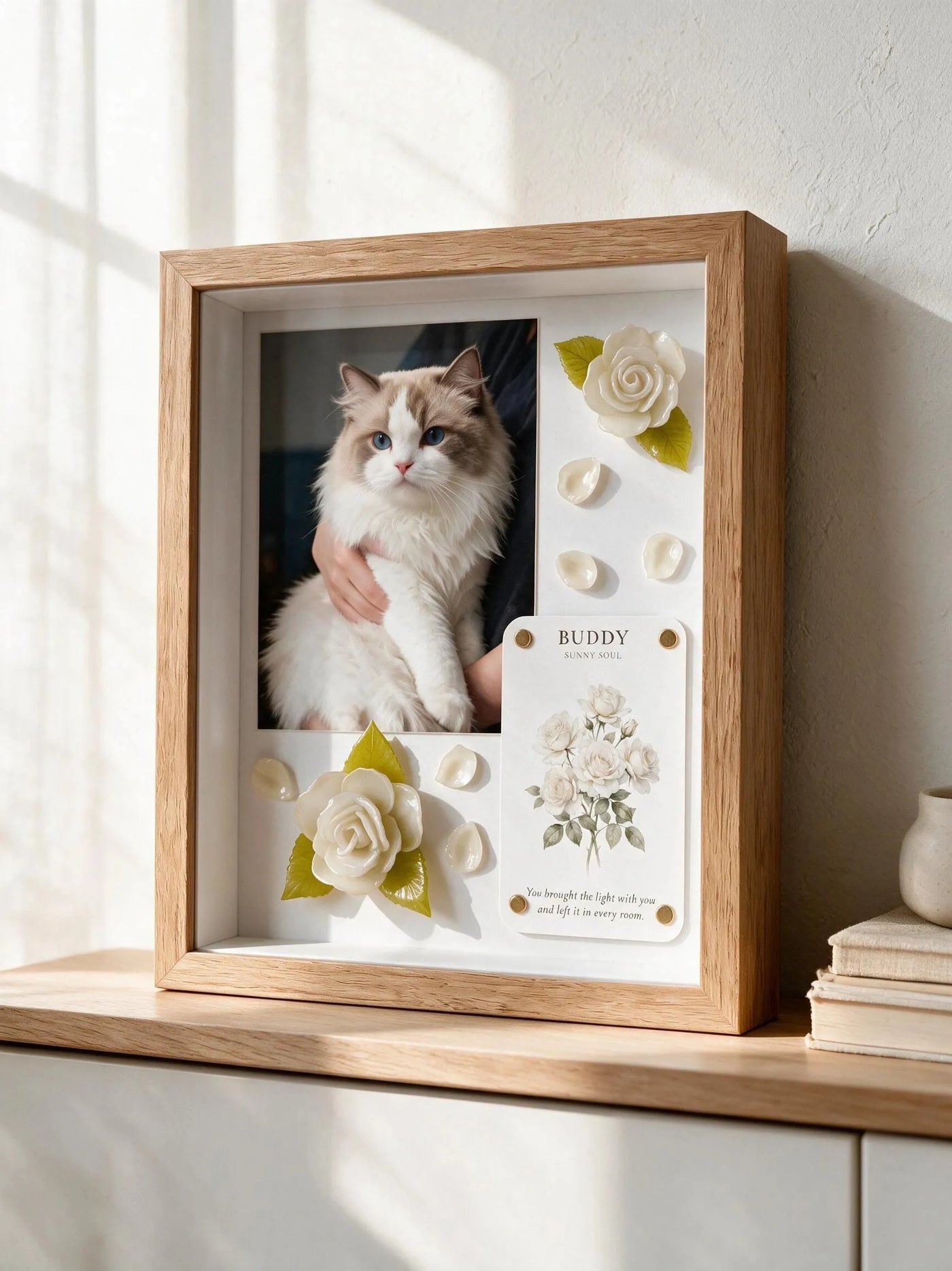 Personalized white rose pet memorial shadow box prepared as a pet lover gift