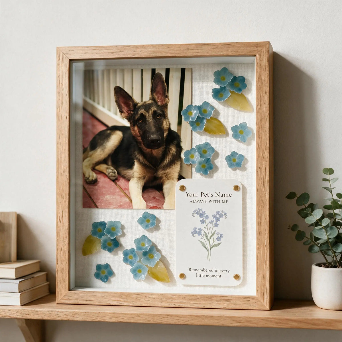 Personalized German Shepherd pet memorial shadow box with handmade blue forget-me-not flowers and a custom keepsake card.