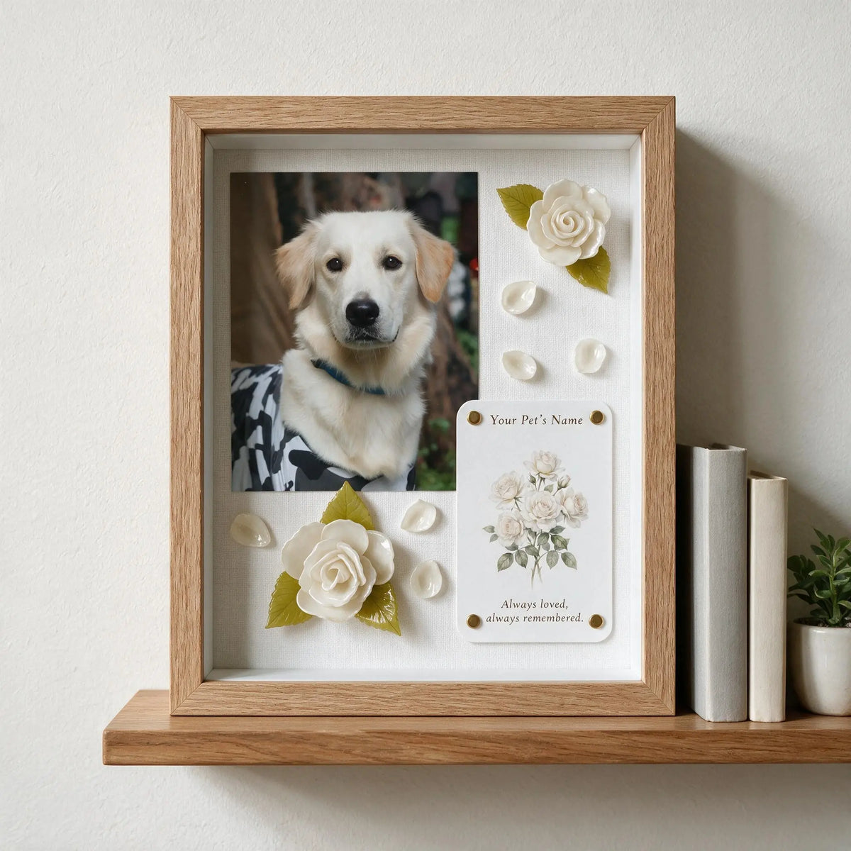 Personalized pet memorial shadow box with a golden dog photo, handmade white roses, and a custom message card.