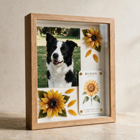 Detail view of Sunny Soul pet memorial shadow box with pet photo and sunflowers