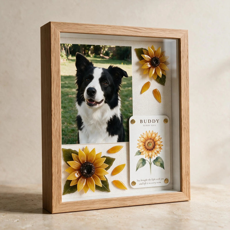 Detail view of handmade sunflowers in the Sunny Soul pet memorial shadow box