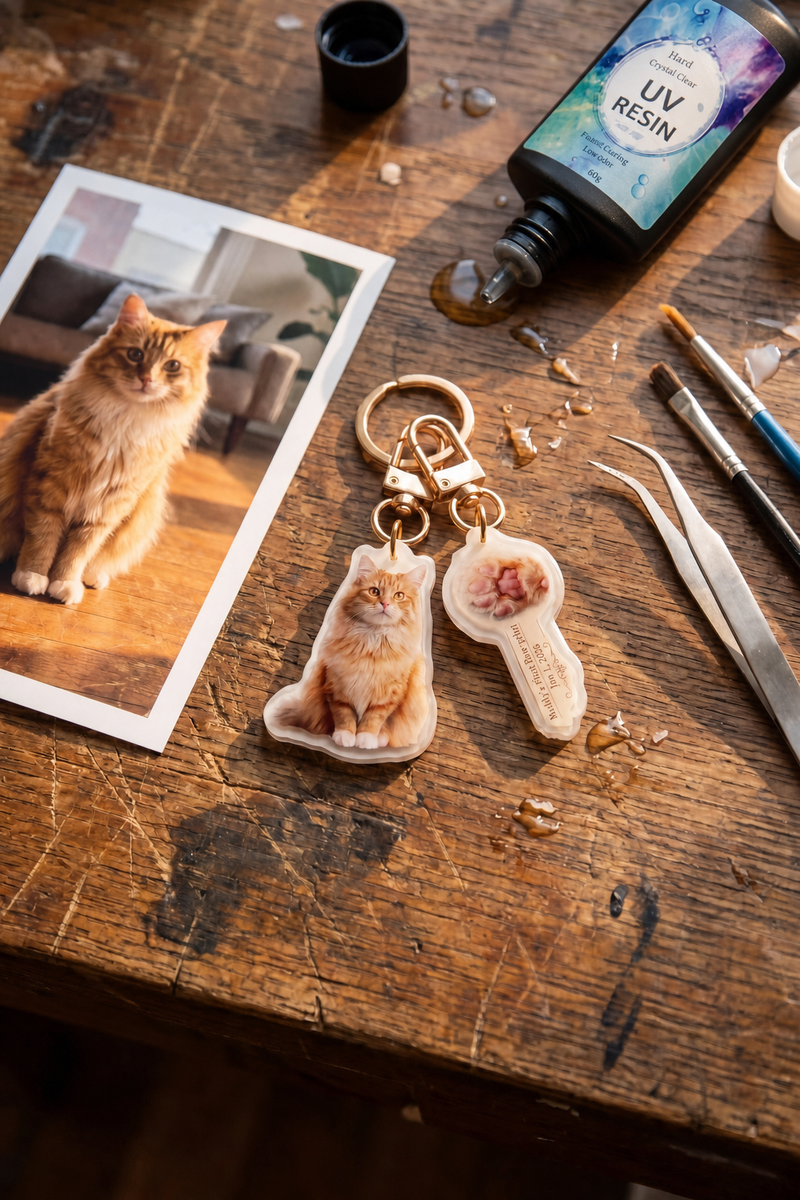 Custom cat keepsake crafted with UV resin in NYC studio