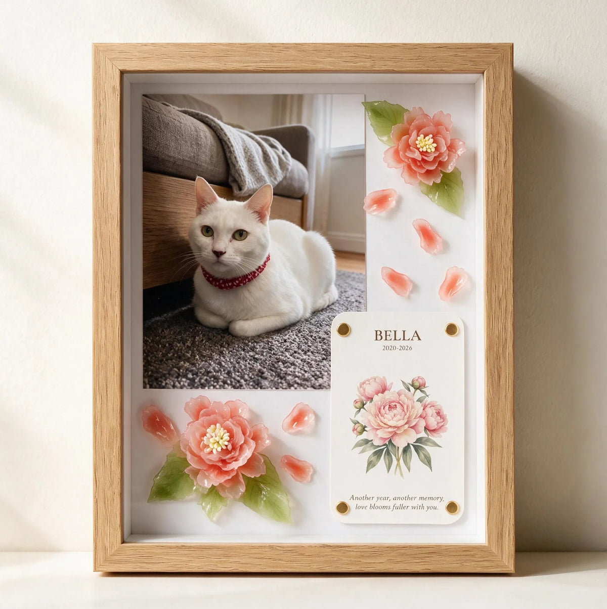 Personalized peony pet celebration shadow box with pet photo and handmade flowers