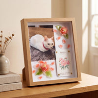 Another Year of You peony pet celebration shadow box displayed in a warm home setting