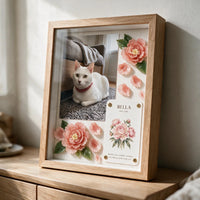 Another Year of You peony pet celebration shadow box displayed in a warm home setting