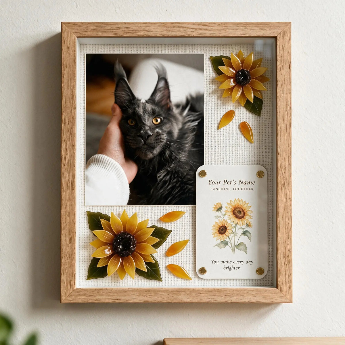 Personalized cat keepsake shadow box with custom black Maine Coon photo and handmade sunflower flowers