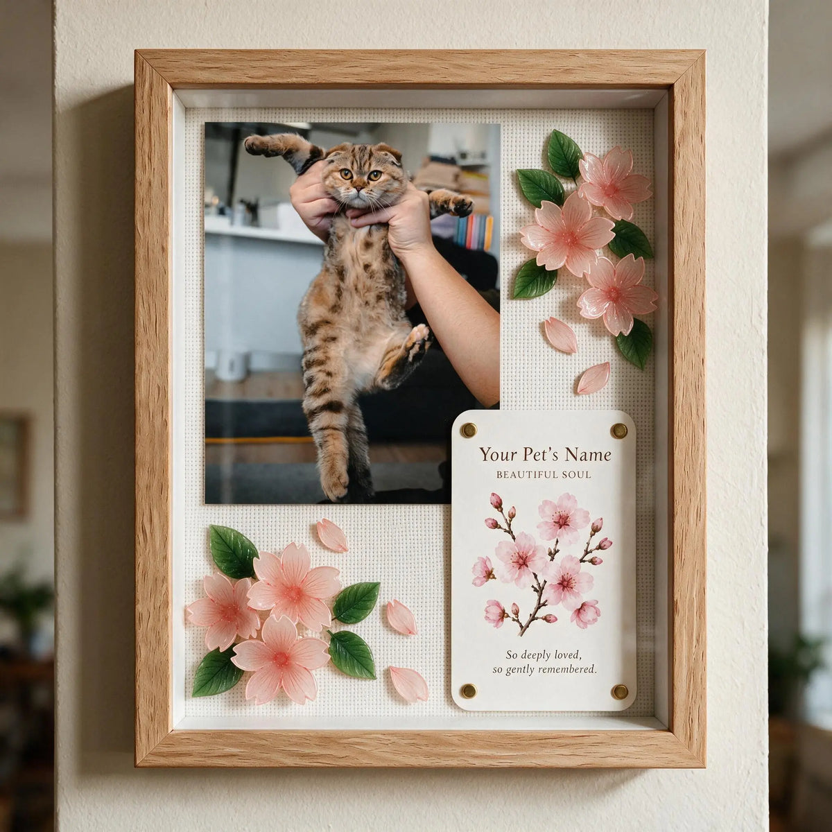 Personalized cat keepsake shadow box with custom Scottish Fold cat photo and handmade pink cherry blossoms