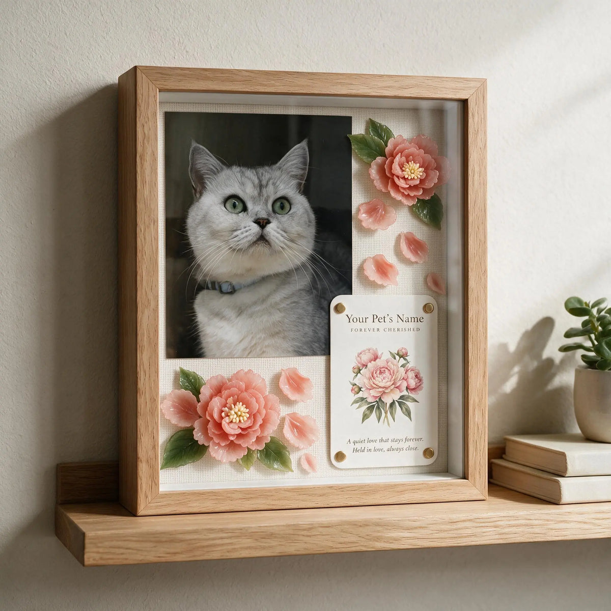 Personalized cat keepsake shadow box with custom silver gray cat photo and handmade pink peony flowers