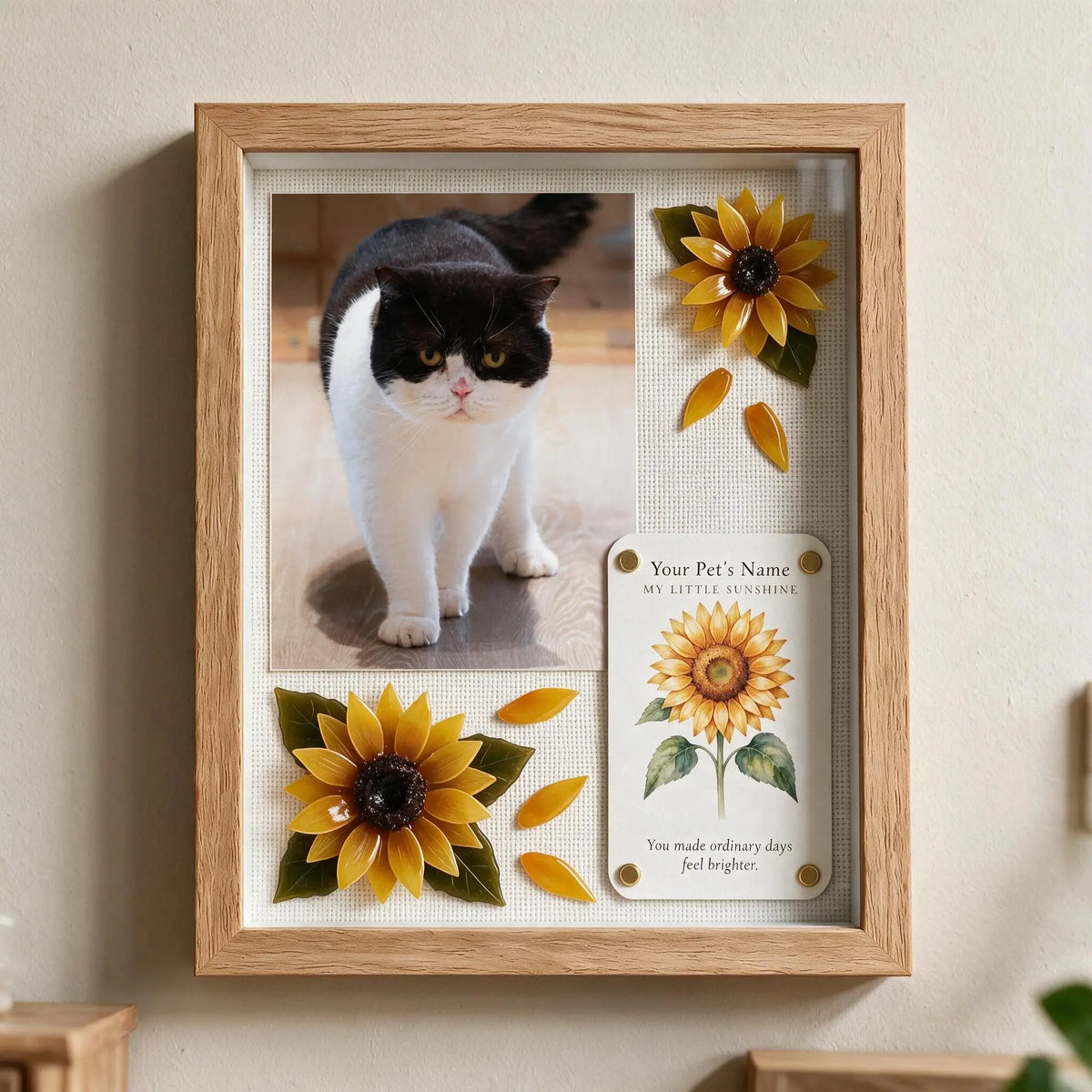 Personalized cat keepsake shadow box with custom black and white cat photo and handmade sunflower flowers
