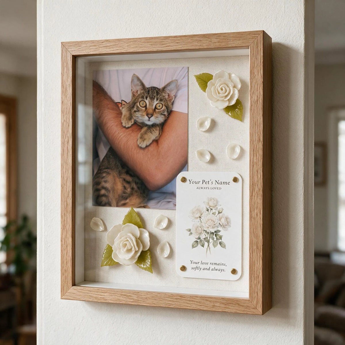 Personalized cat keepsake shadow box with custom tabby kitten photo and handmade white roses