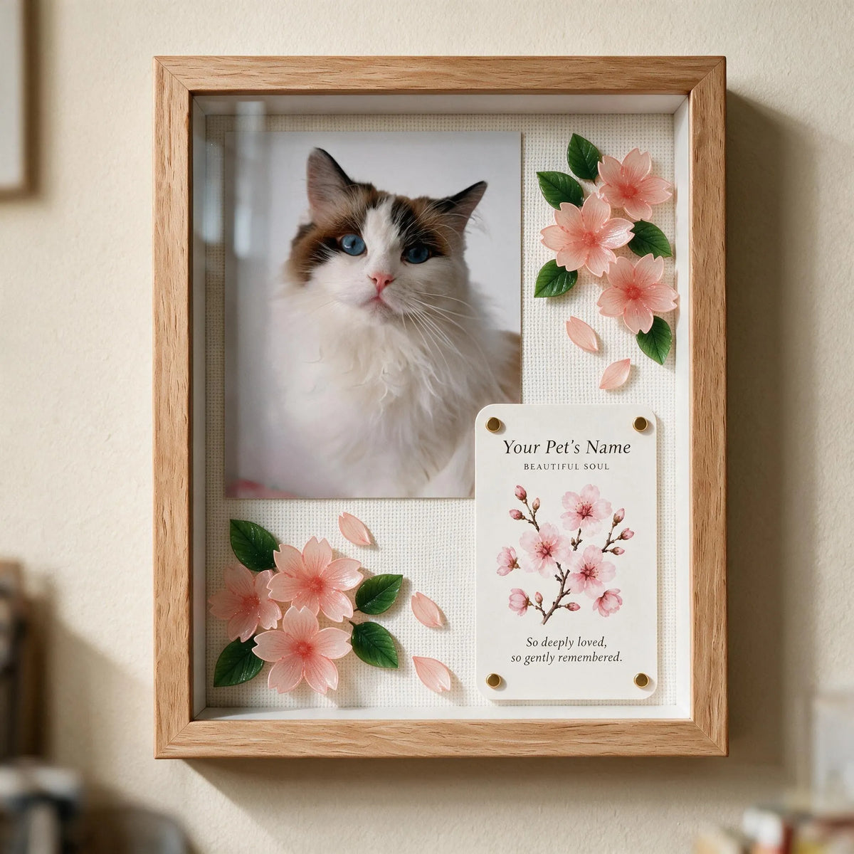 Personalized cat memorial shadow box with custom Ragdoll cat photo and handmade pink cherry blossom flowers
