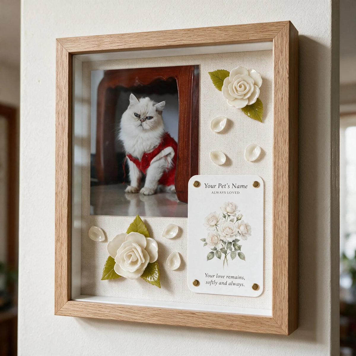 Personalized cat memorial shadow box with custom white Persian cat photo and handmade white roses