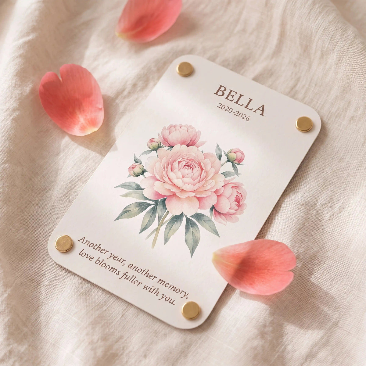 Personalized pet keepsake card for Bella with peony artwork, name, dates, and celebration message