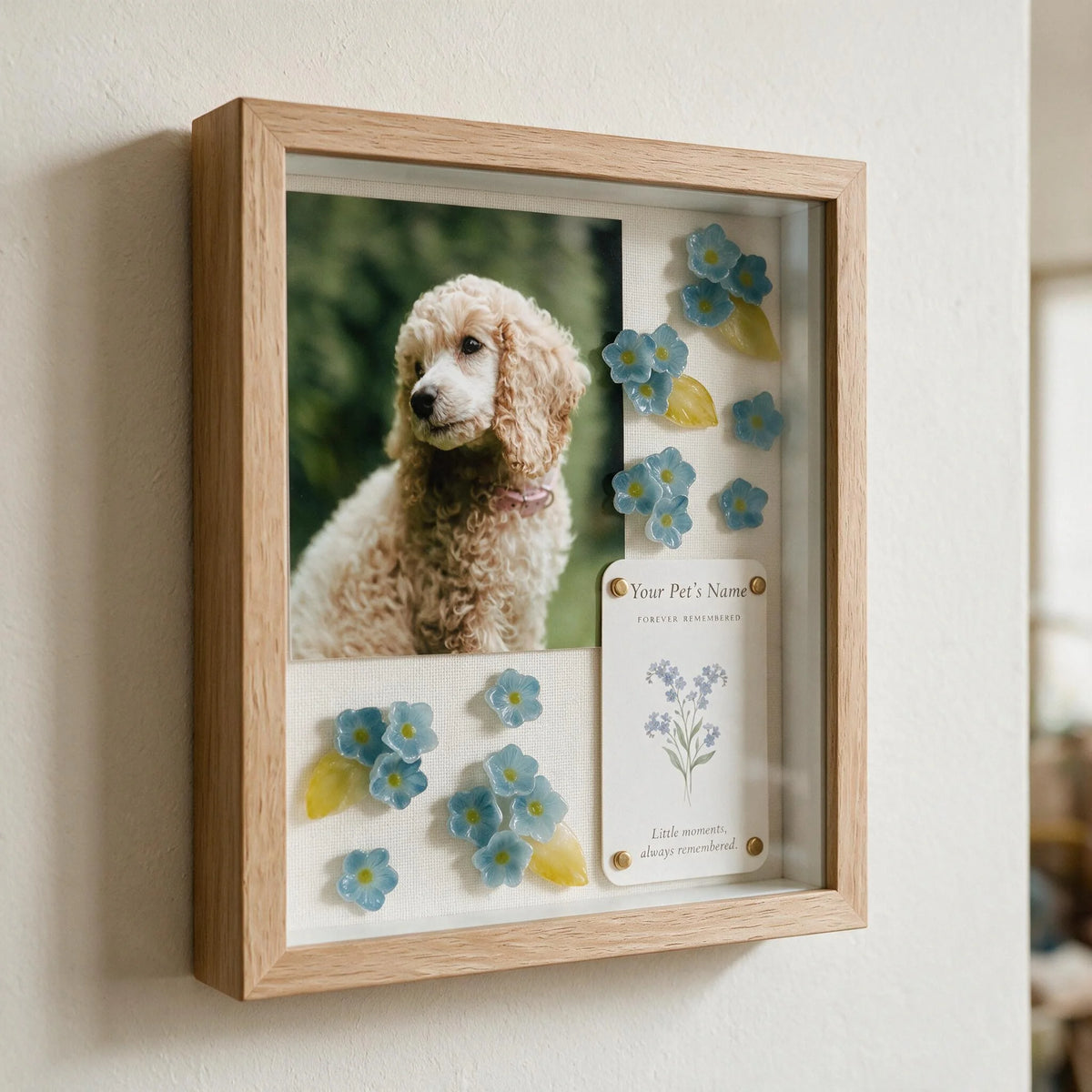 Personalized pet memorial shadow box with a cream curly-haired dog photo and handmade blue forget-me-not flowers