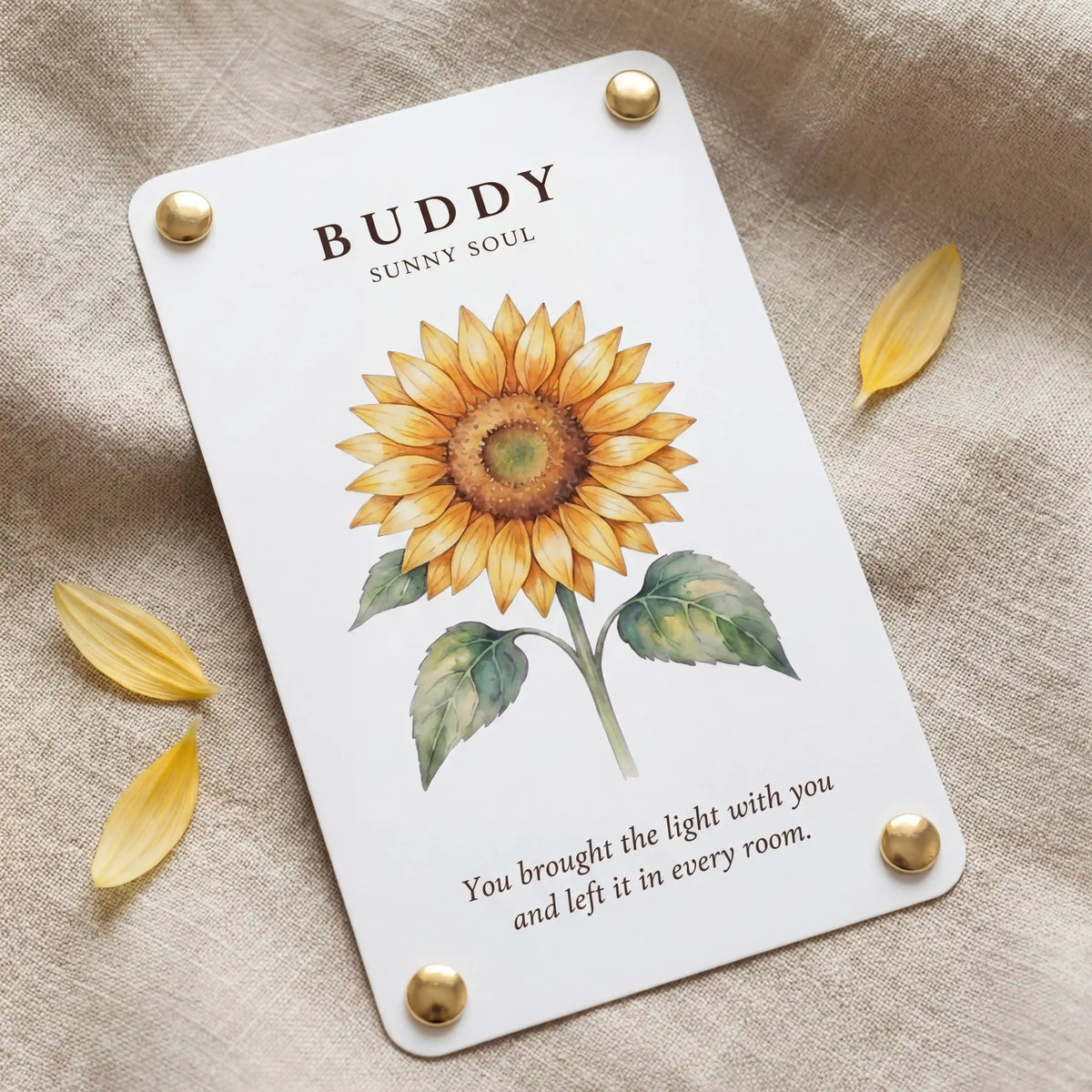 Personalized Sunny Soul pet memorial card for Buddy with sunflower artwork and a remembrance message