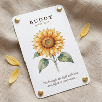 Personalized Sunny Soul pet memorial card for Buddy with sunflower artwork and a remembrance message