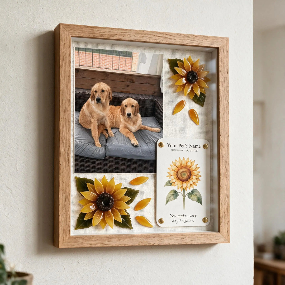 Personalized sunflower pet keepsake shadow box featuring a photo of two Golden Retrievers.