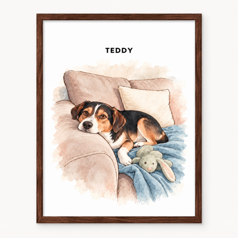 Personalized watercolor-style portrait of Teddy, a tricolor dog resting on a sofa beside a plush bunny toy, displayed in a walnut wood frame.