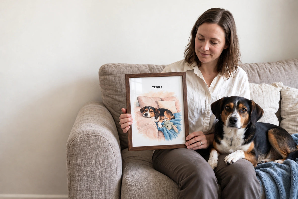 Woman holding a personalized watercolor portrait of Teddy in a walnut wood frame while the real tricolor dog rests beside her on a sofa.