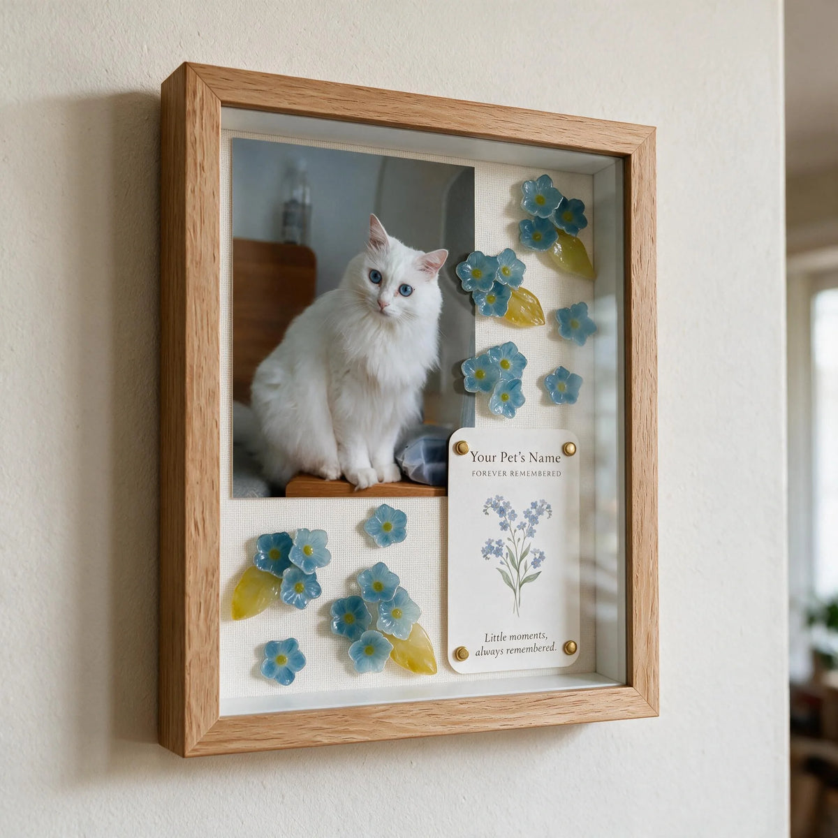 Personalized cat memorial shadow box with custom white cat photo and handmade blue forget-me-not flowers