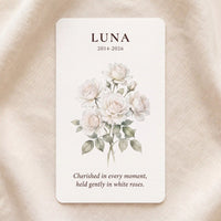 Personalized Gentle Goodbye pet memorial card for Luna with white rose artwork and memorial dates