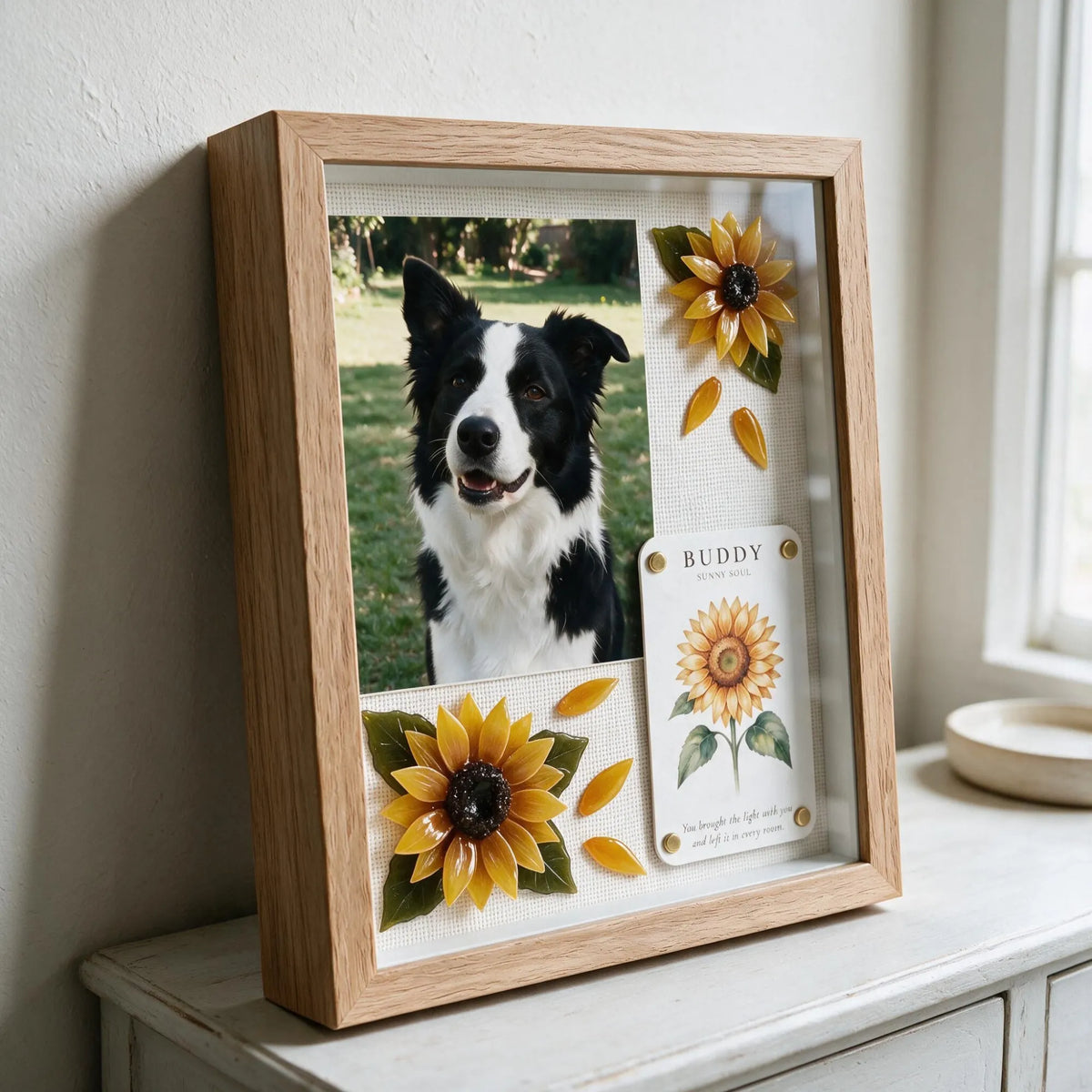 Natural wood Sunny Soul pet memorial shadow box displayed at home