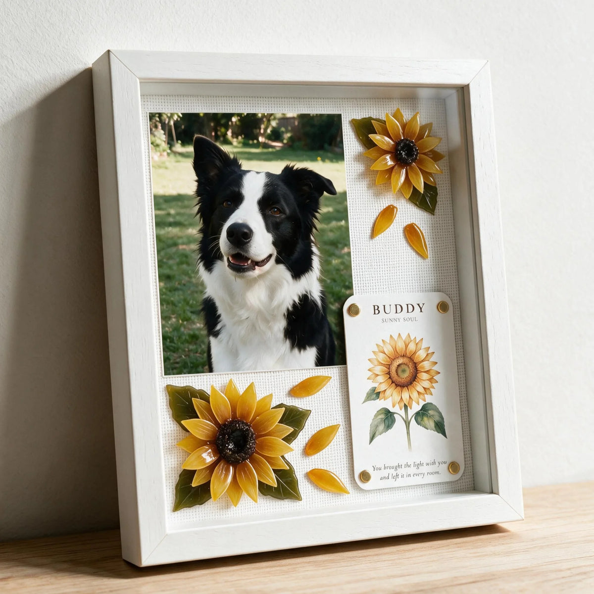 Sunny Soul pet memorial shadow box in a solid white frame