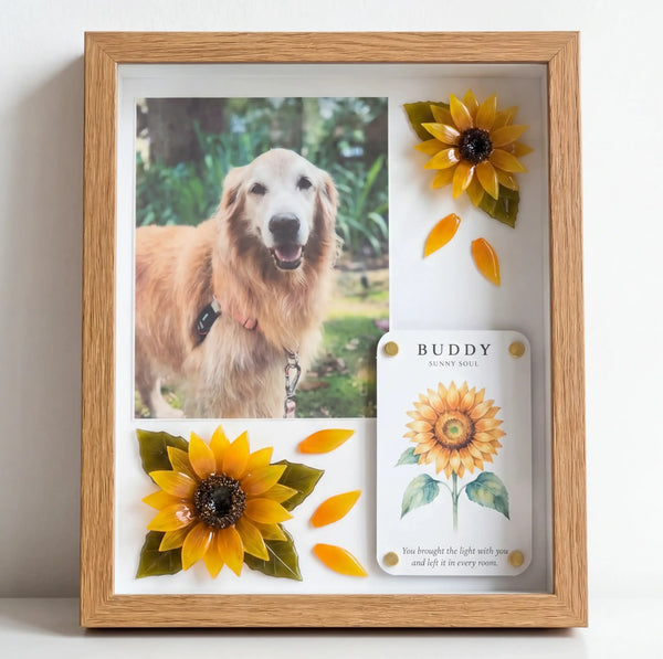 Sunny Soul pet memorial shadow box with a golden retriever photo, personalized card, and handmade sunflowers
