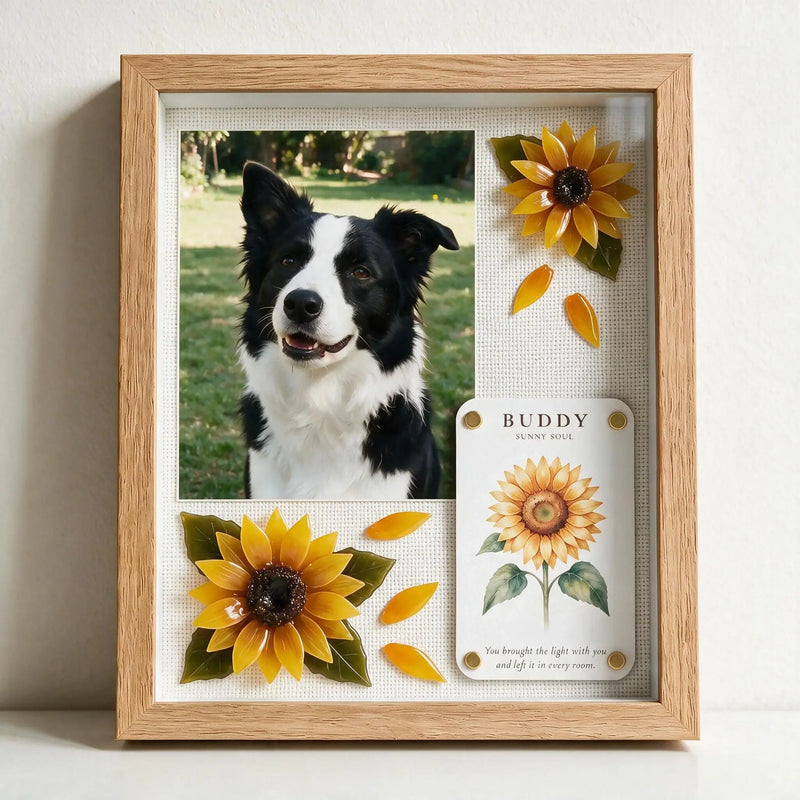 Personalized sunflower pet memorial shadow box with a black and white dog photograph
