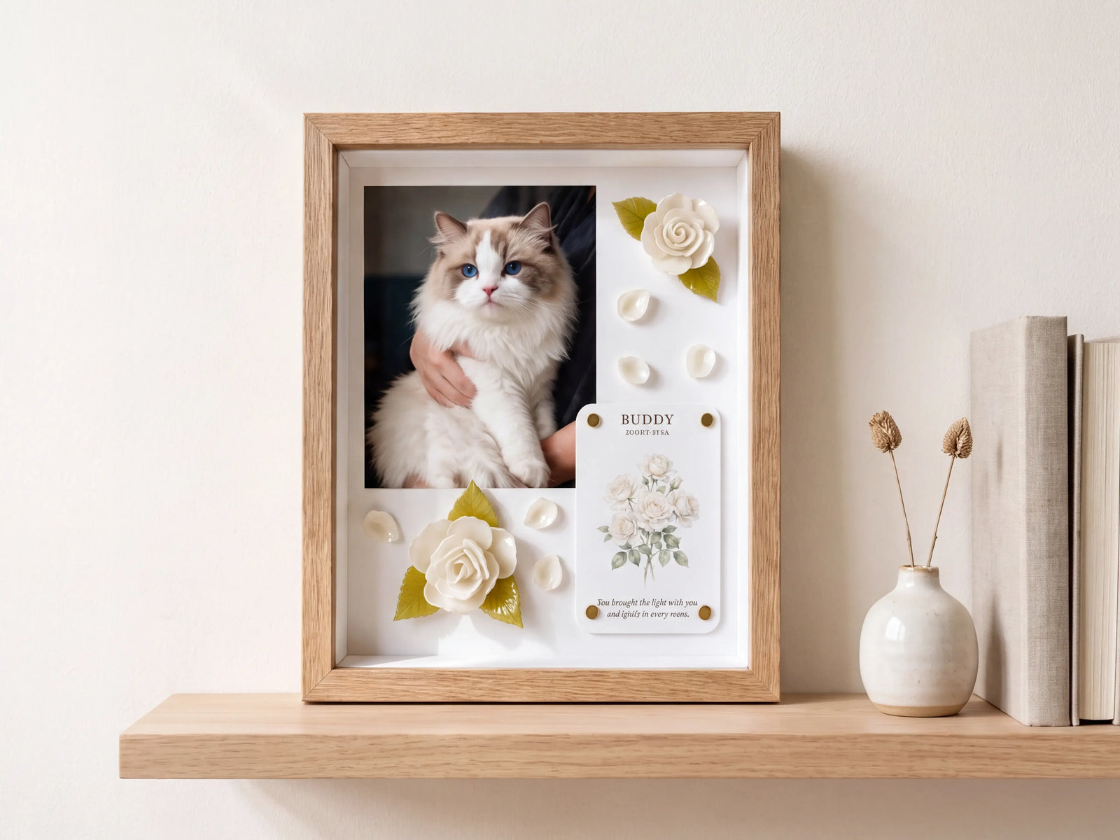 Personalized pet memorial shadow box with handmade forget-me-not flowers
