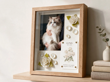 Personalized white rose pet memorial shadow box with a long-haired cat photograph in a natural wood frame