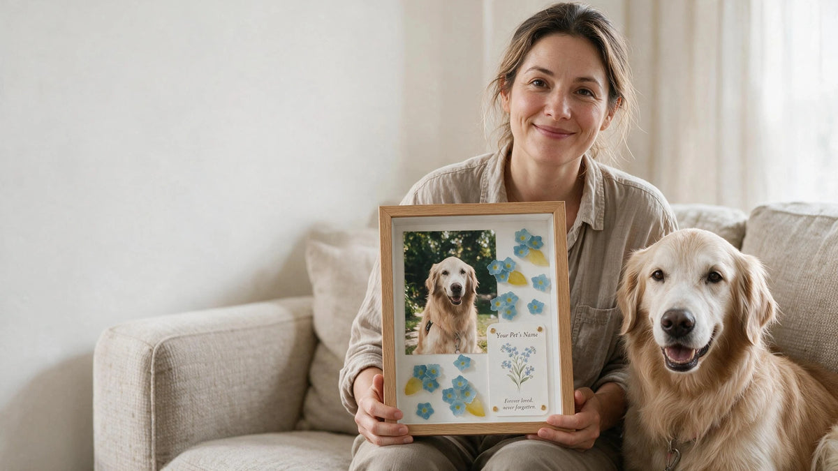 Woman holding a personalized forget-me-not pet shadow box beside a golden retriever on a beige sofa.