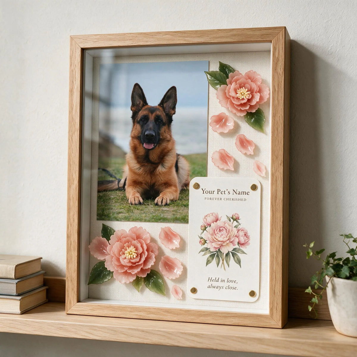 Personalized German Shepherd pet keepsake shadow box with handmade pink peonies, pet photo, and custom message card.